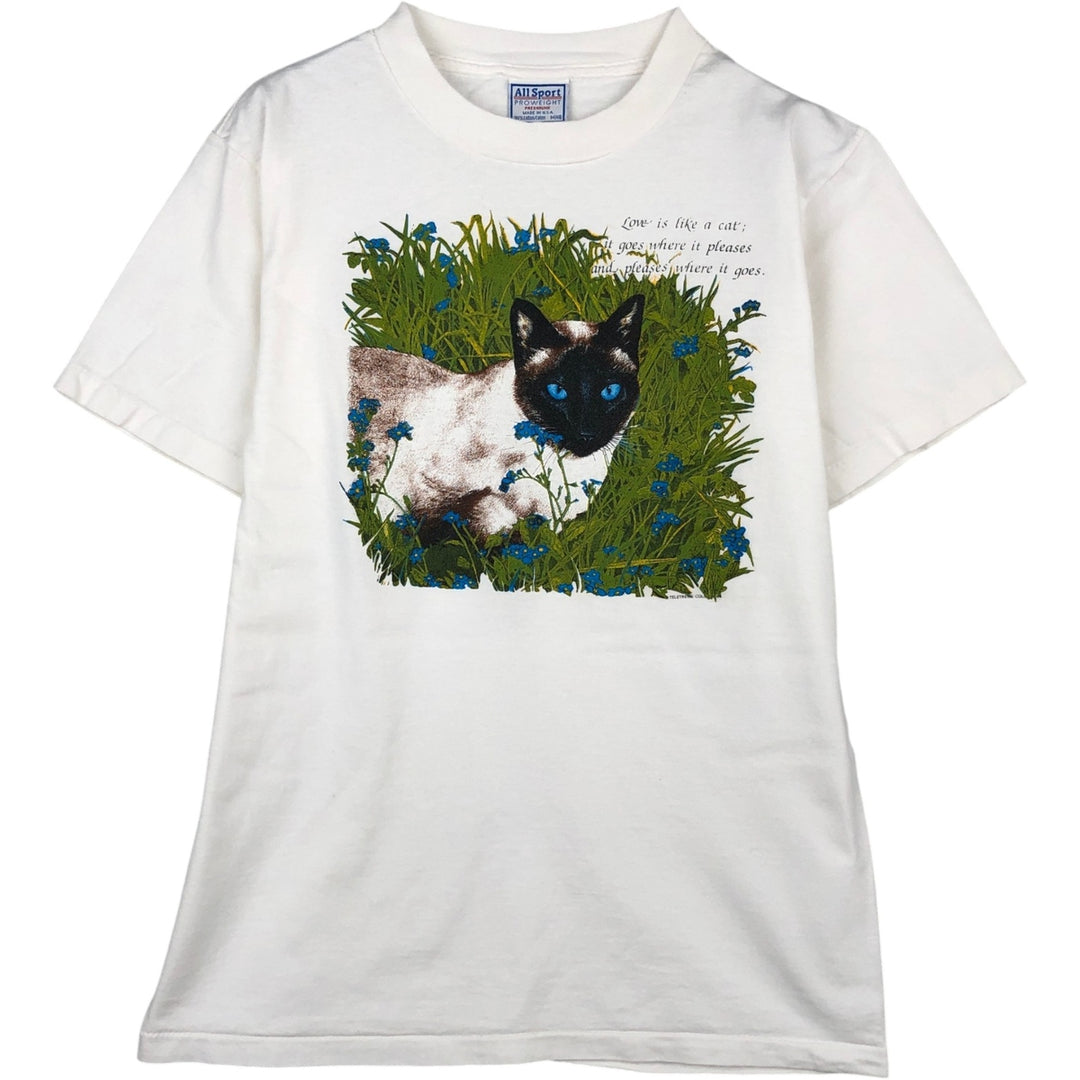 90'S All Sport PROWEIGHT Cat Pattern Animal T-Shirt, Made in USA, Men's Size M (Equivalent), Vintage cotton white type Vintage Second Hand