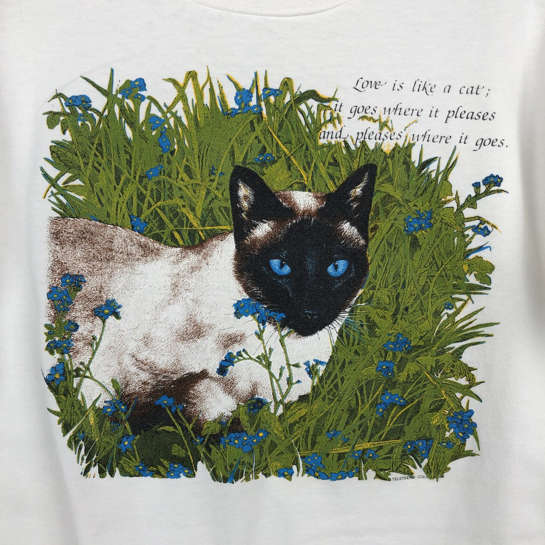 90'S All Sport PROWEIGHT Cat Pattern Animal T-Shirt, Made in USA, Men's Size M (Equivalent), Vintage cotton white type Vintage Second Hand