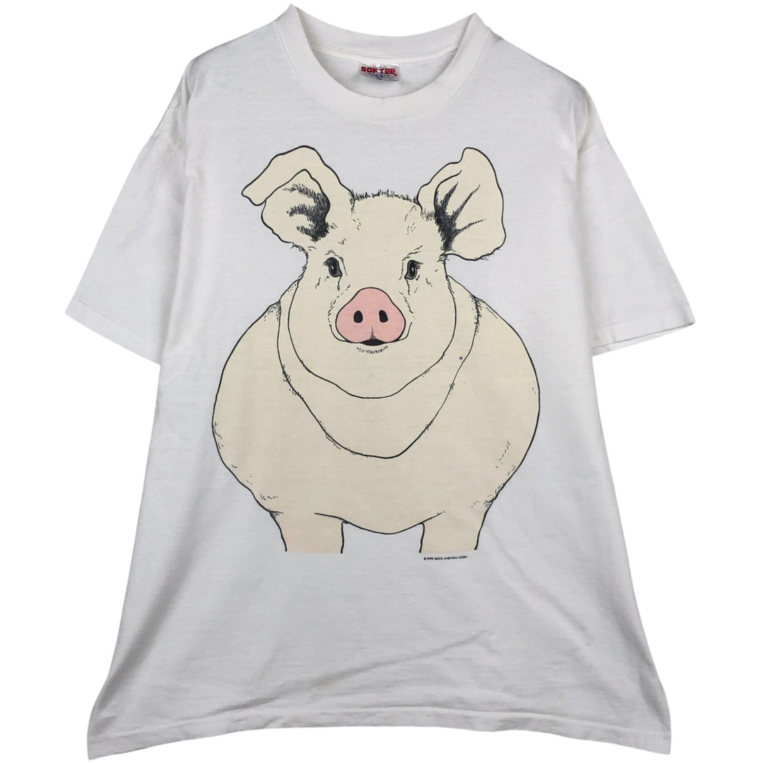90'S SOF TEE Pig Pattern Animal T-Shirt, Made in USA, Men's XL equivalent, Vintage cotton white type Vintage Second Hand