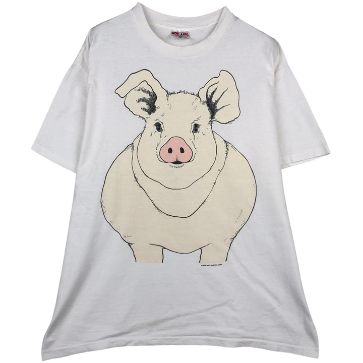 90'S SOF TEE Pig Pattern Animal T-Shirt, Made in USA, Men's XL equivalent, Vintage cotton white type Vintage Second Hand