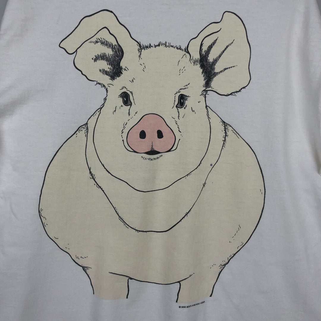 90'S SOF TEE Pig Pattern Animal T-Shirt, Made in USA, Men's XL equivalent, Vintage cotton white type Vintage Second Hand