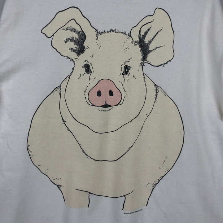 90'S SOF TEE Pig Pattern Animal T-Shirt, Made in USA, Men's XL equivalent, Vintage cotton white type Vintage Second Hand