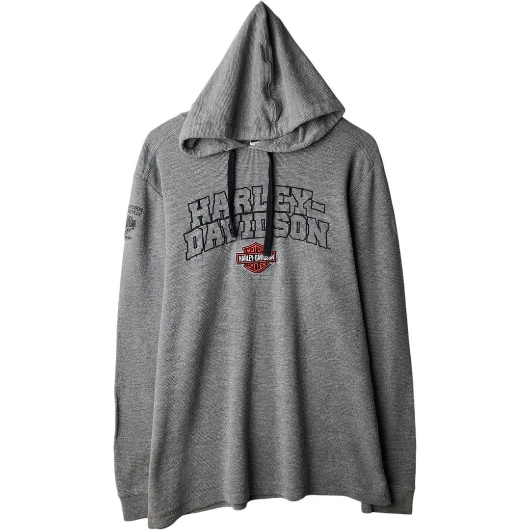 Harley-Davidson Hooded Thermal Long-Sleeve T-Shirt (Waffle Pattern), Men's Size XL (approx.) cotton gray type Vintage Second Hand