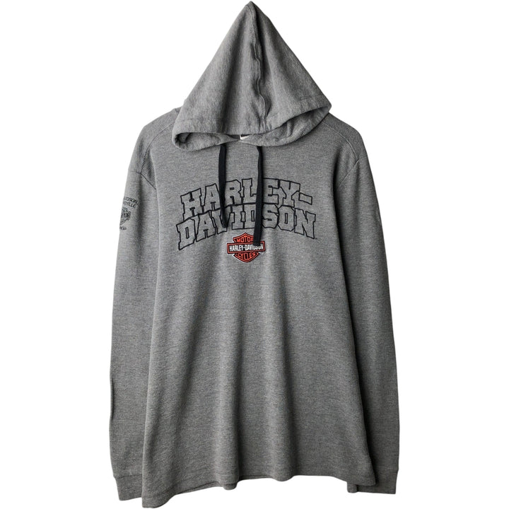 Harley-Davidson Hooded Thermal Long-Sleeve T-Shirt (Waffle Pattern), Men's Size XL (approx.) cotton gray type Vintage Second Hand