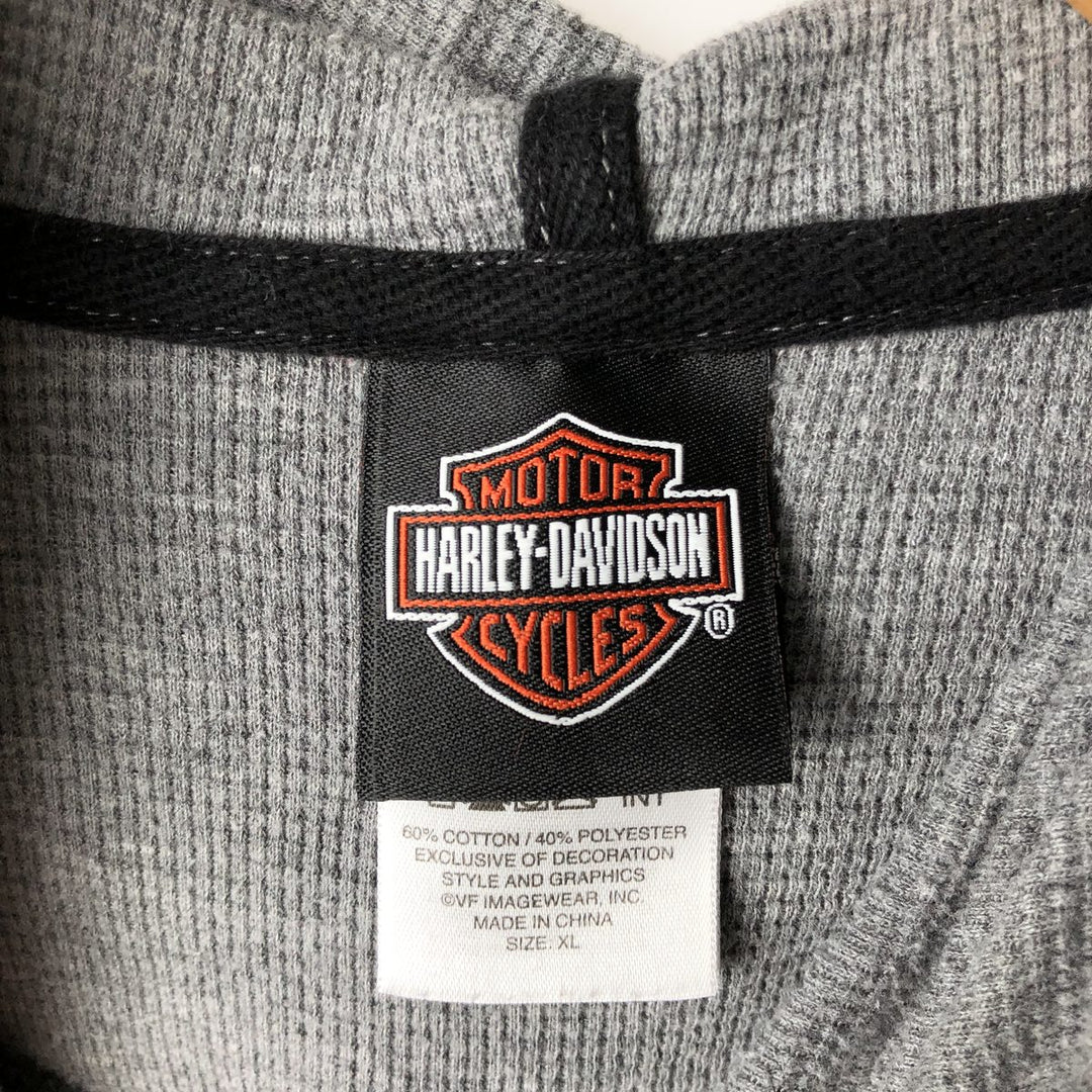 Harley-Davidson Hooded Thermal Long-Sleeve T-Shirt (Waffle Pattern), Men's Size XL (approx.) cotton gray type Vintage Second Hand