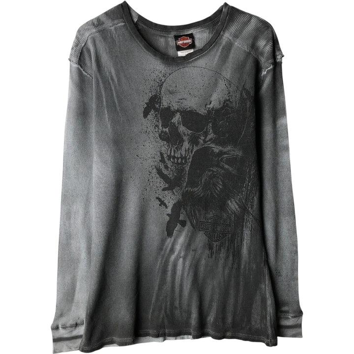 Harley-Davidson Skull Pattern & Eagle Pattern All-Over Print Thermal Long-Sleeve T-Shirt (Men's Size M) cotton gray type Vintage Second Hand
