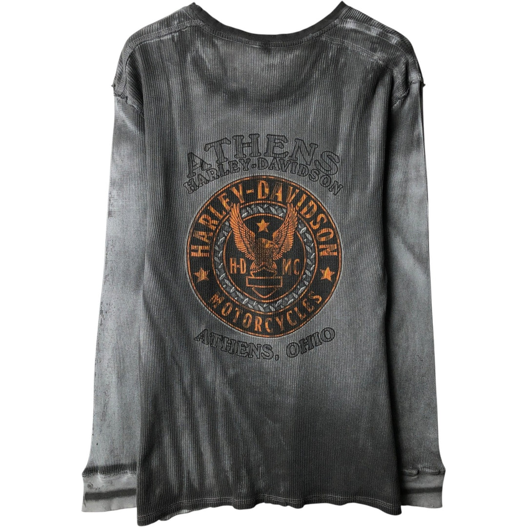 Harley-Davidson Skull Pattern & Eagle Pattern All-Over Print Thermal Long-Sleeve T-Shirt (Men's Size M) cotton gray type Vintage Second Hand