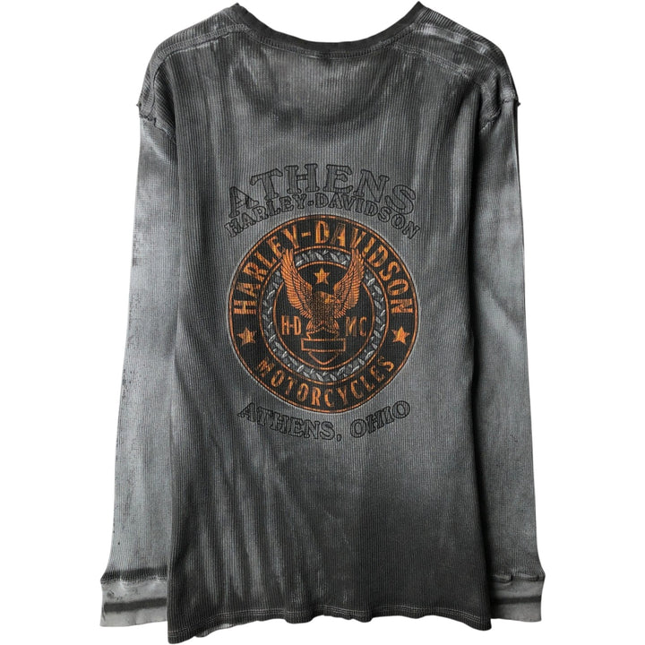Harley-Davidson Skull Pattern & Eagle Pattern All-Over Print Thermal Long-Sleeve T-Shirt (Men's Size M) cotton gray type Vintage Second Hand