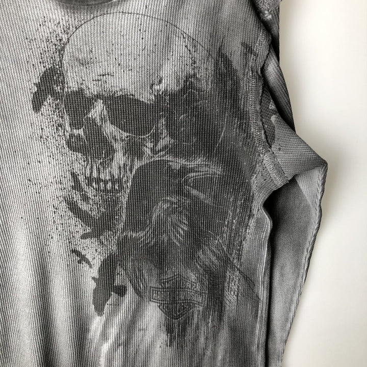 Harley-Davidson Skull Pattern & Eagle Pattern All-Over Print Thermal Long-Sleeve T-Shirt (Men's Size M) cotton gray type Vintage Second Hand
