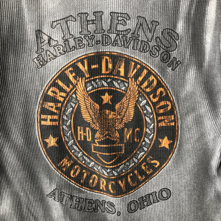 Harley-Davidson Skull Pattern & Eagle Pattern All-Over Print Thermal Long-Sleeve T-Shirt (Men's Size M) cotton gray type Vintage Second Hand