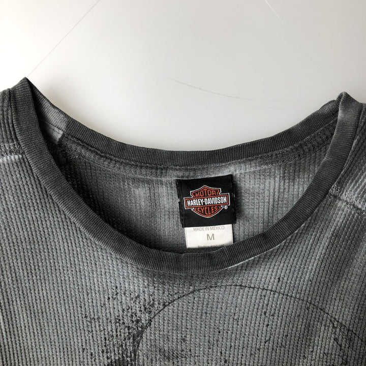 Harley-Davidson Skull Pattern & Eagle Pattern All-Over Print Thermal Long-Sleeve T-Shirt (Men's Size M) cotton gray type Vintage Second Hand