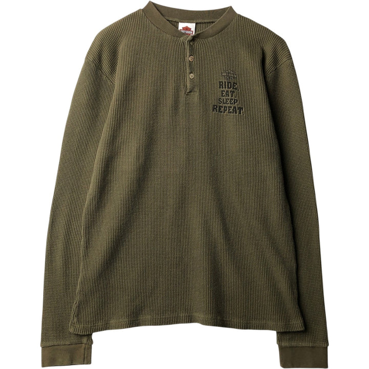 2000'S Harley-Davidson Motorcycle Henley Neck Thermal Long-Sleeve T-Shirt (Waffle Knit) - Men's Size XL (approx.) cotton Khaki type Vintage Second Hand