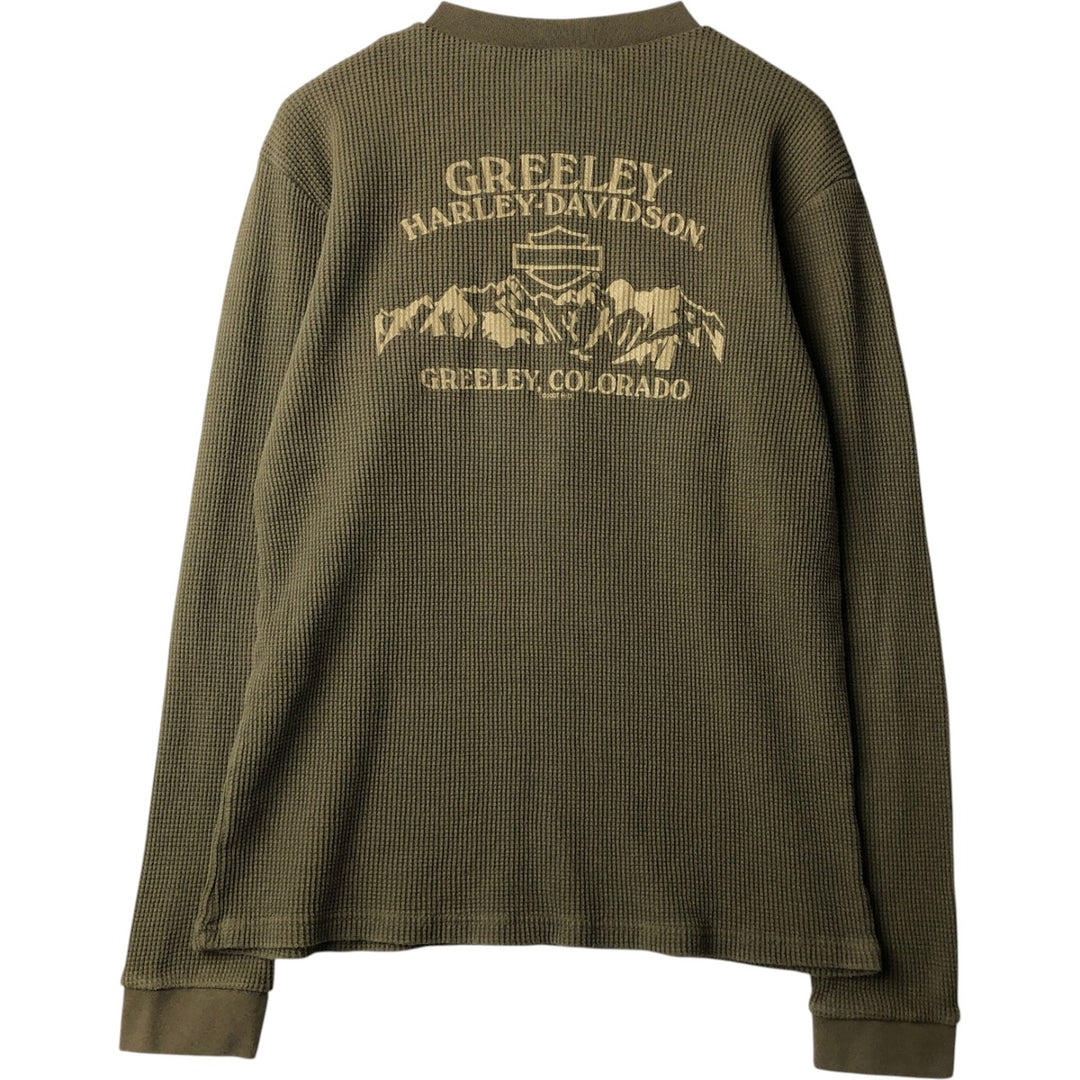 2000'S Harley-Davidson Motorcycle Henley Neck Thermal Long-Sleeve T-Shirt (Waffle Knit) - Men's Size XL (approx.) cotton Khaki type Vintage Second Hand