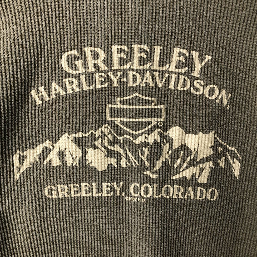 2000'S Harley-Davidson Motorcycle Henley Neck Thermal Long-Sleeve T-Shirt (Waffle Knit) - Men's Size XL (approx.) cotton Khaki type Vintage Second Hand