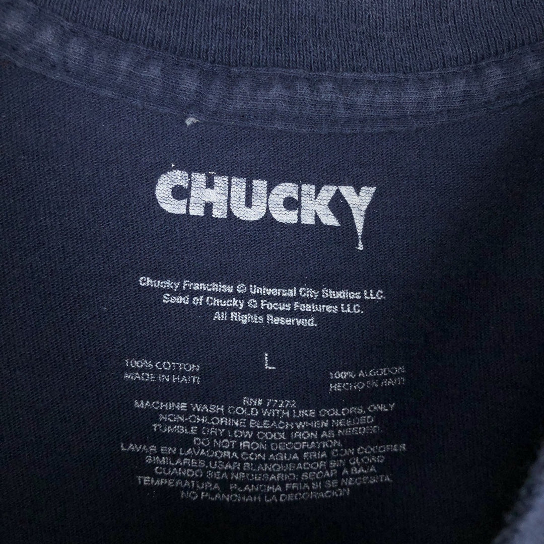 CHILD'S PLAY CHUCKY Movie T-Shirt (Men's Size L) cotton navy blue type Vintage Second Hand
