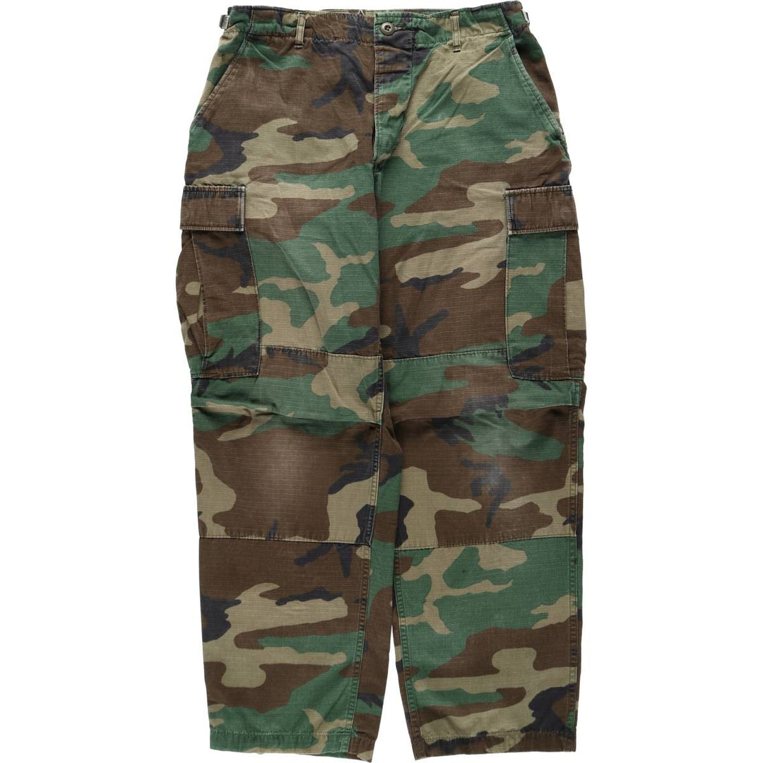 1990'S US Military Issue Camouflage Pattern Woodland Camo Ripstop Military Cargo Pants Combat Pants Made in USA MEDIUM-SHORT cotton Khaki type Vintage Second Hand