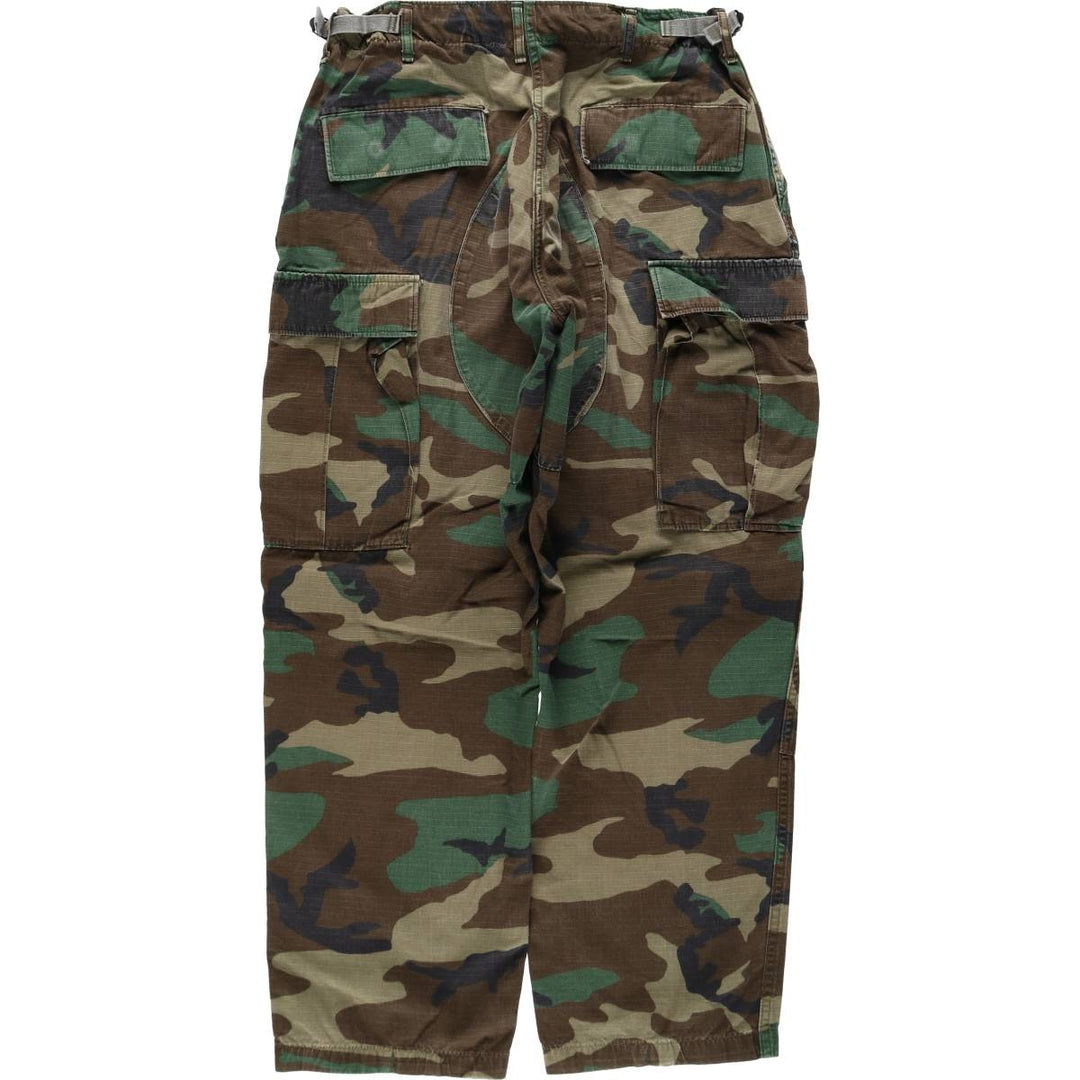 1990'S US Military Issue Camouflage Pattern Woodland Camo Ripstop Military Cargo Pants Combat Pants Made in USA MEDIUM-SHORT cotton Khaki type Vintage Second Hand