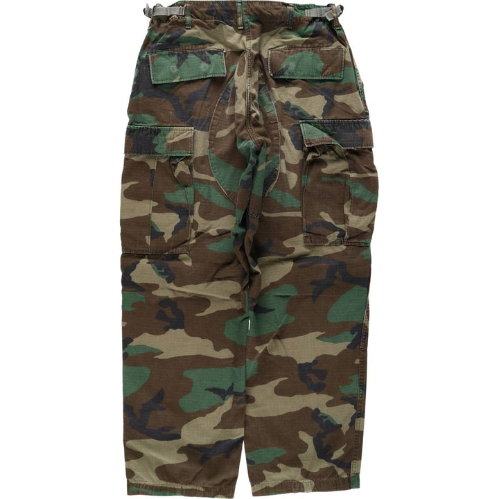1990'S US Military Issue Camouflage Pattern Woodland Camo Ripstop Military Cargo Pants Combat Pants Made in USA MEDIUM-SHORT cotton Khaki type Vintage Second Hand