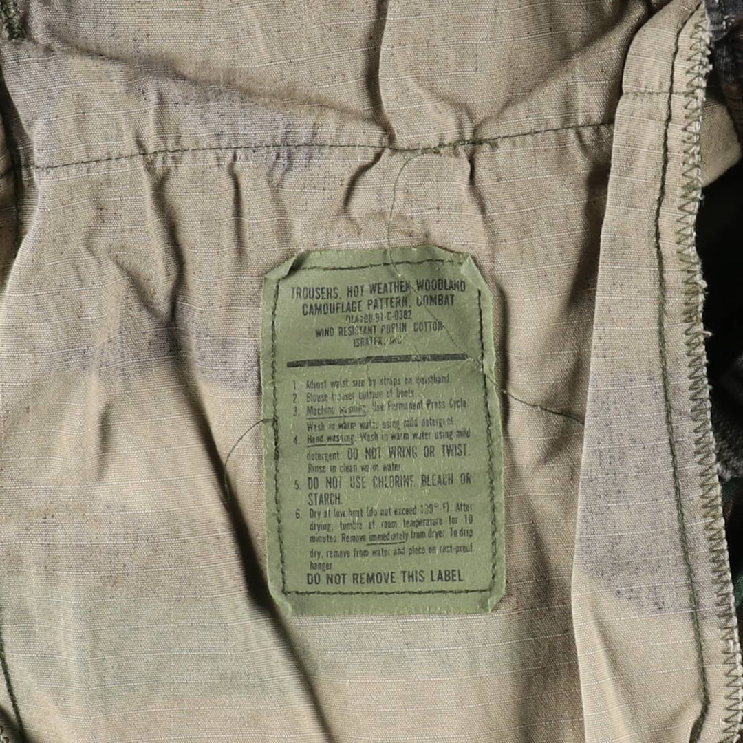 1990'S US Military Issue Camouflage Pattern Woodland Camo Ripstop Military Cargo Pants Combat Pants Made in USA MEDIUM-SHORT cotton Khaki type Vintage Second Hand