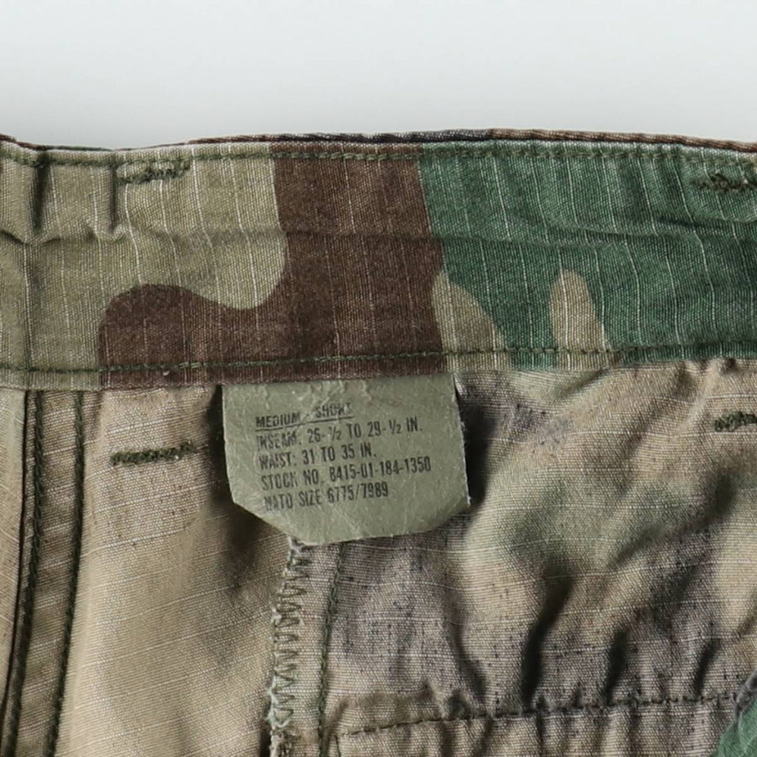 1990'S US Military Issue Camouflage Pattern Woodland Camo Ripstop Military Cargo Pants Combat Pants Made in USA MEDIUM-SHORT cotton Khaki type Vintage Second Hand
