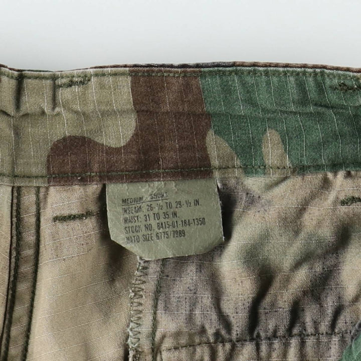1990'S US Military Issue Camouflage Pattern Woodland Camo Ripstop Military Cargo Pants Combat Pants Made in USA MEDIUM-SHORT cotton Khaki type Vintage Second Hand