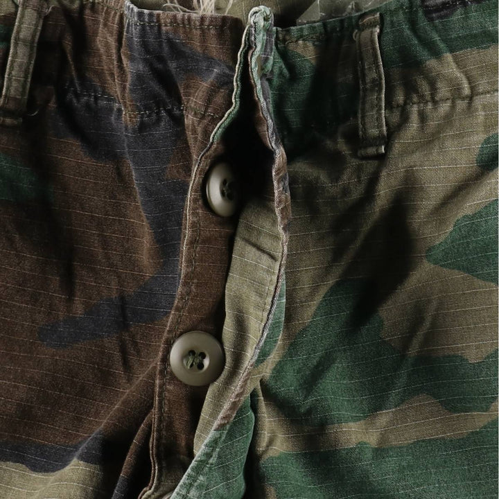 1990'S US Military Issue Camouflage Pattern Woodland Camo Ripstop Military Cargo Pants Combat Pants Made in USA MEDIUM-SHORT cotton Khaki type Vintage Second Hand