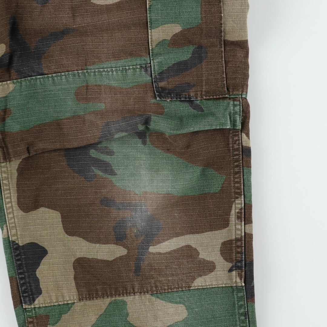 1990'S US Military Issue Camouflage Pattern Woodland Camo Ripstop Military Cargo Pants Combat Pants Made in USA MEDIUM-SHORT cotton Khaki type Vintage Second Hand