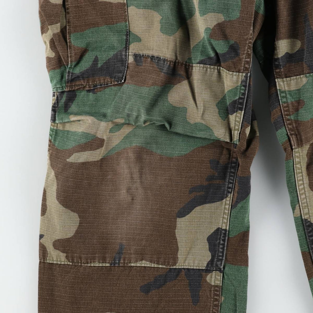 1990'S US Military Issue Camouflage Pattern Woodland Camo Ripstop Military Cargo Pants Combat Pants Made in USA MEDIUM-SHORT cotton Khaki type Vintage Second Hand