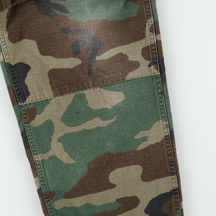 1990'S US Military Issue Camouflage Pattern Woodland Camo Ripstop Military Cargo Pants Combat Pants Made in USA MEDIUM-SHORT cotton Khaki type Vintage Second Hand