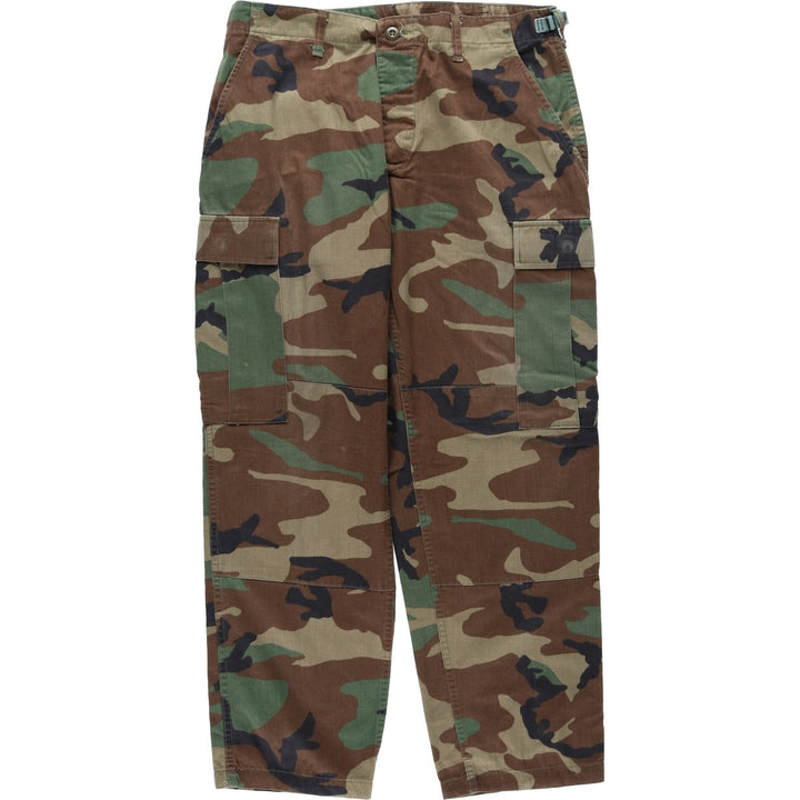 1990'S US Military Issue Camouflage Pattern Woodland Camo Military Cargo Pants, Made in USA, Medium-Short, Men's W34 (approx.), Vintage Nylon Khaki type Vintage Second Hand