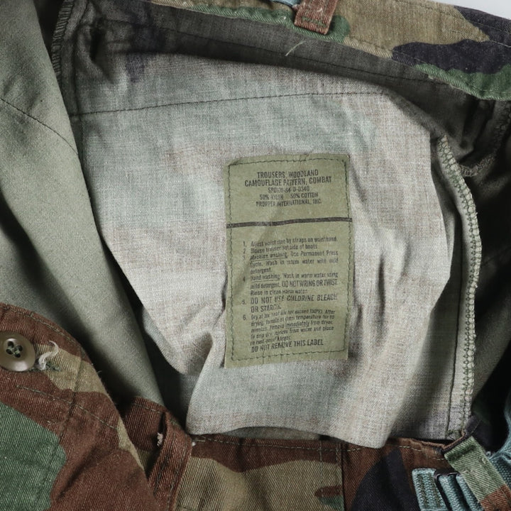 1990'S US Military Issue Camouflage Pattern Woodland Camo Military Cargo Pants, Made in USA, Medium-Short, Men's W34 (approx.), Vintage Nylon Khaki type Vintage Second Hand