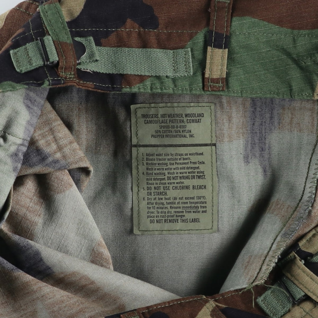 2000'S US Military Issue Camouflage Pattern Woodland Camo Military Cargo Pants, Made in USA, Medium-Short, Men's W34 equivalent. cotton Khaki type Vintage Second Hand