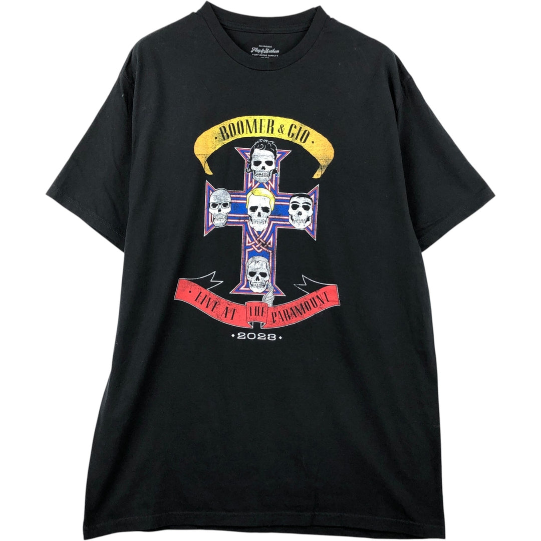 Flag and Anthem Skull Pattern Parody Print T-Shirt (Men's Size L) cotton black type Vintage Second Hand