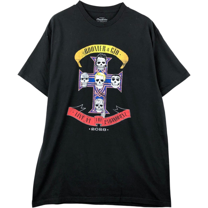 Flag and Anthem Skull Pattern Parody Print T-Shirt (Men's Size L) cotton black type Vintage Second Hand