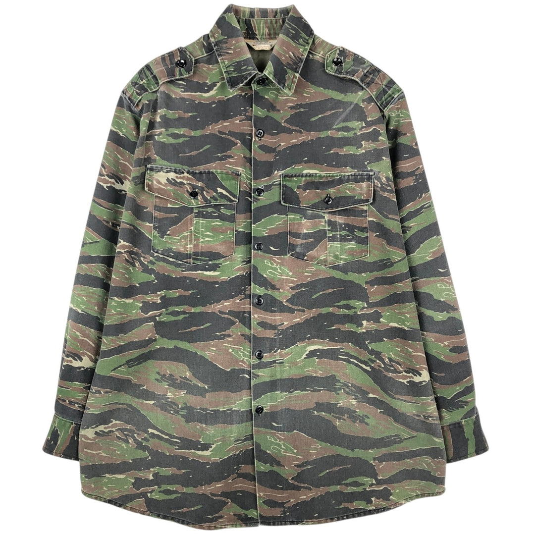 70s-80'S Cabelas Camouflage Pattern Tiger Stripe Camo Long-Sleeve Cotton Shirt, Men's Size XL (Equivalent), Vintage unclear brown type Vintage Second Hand