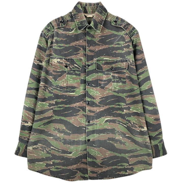 70s-80'S Cabelas Camouflage Pattern Tiger Stripe Camo Long-Sleeve Cotton Shirt, Men's Size XL (Equivalent), Vintage unclear brown type Vintage Second Hand