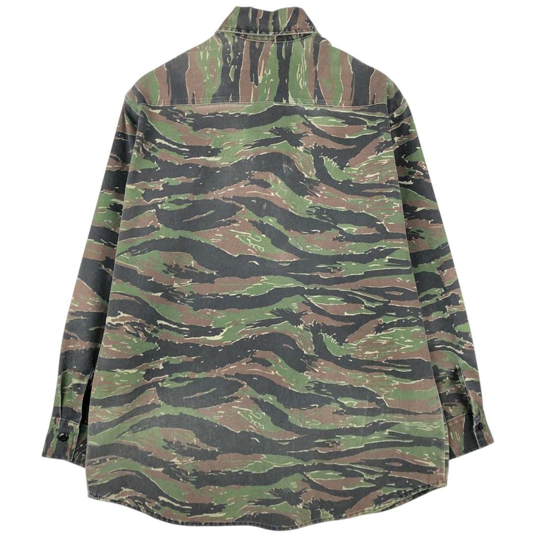 70s-80'S Cabelas Camouflage Pattern Tiger Stripe Camo Long-Sleeve Cotton Shirt, Men's Size XL (Equivalent), Vintage unclear brown type Vintage Second Hand
