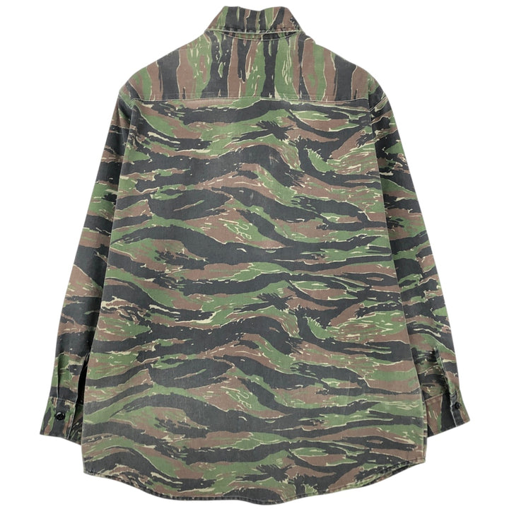 70s-80'S Cabelas Camouflage Pattern Tiger Stripe Camo Long-Sleeve Cotton Shirt, Men's Size XL (Equivalent), Vintage unclear brown type Vintage Second Hand