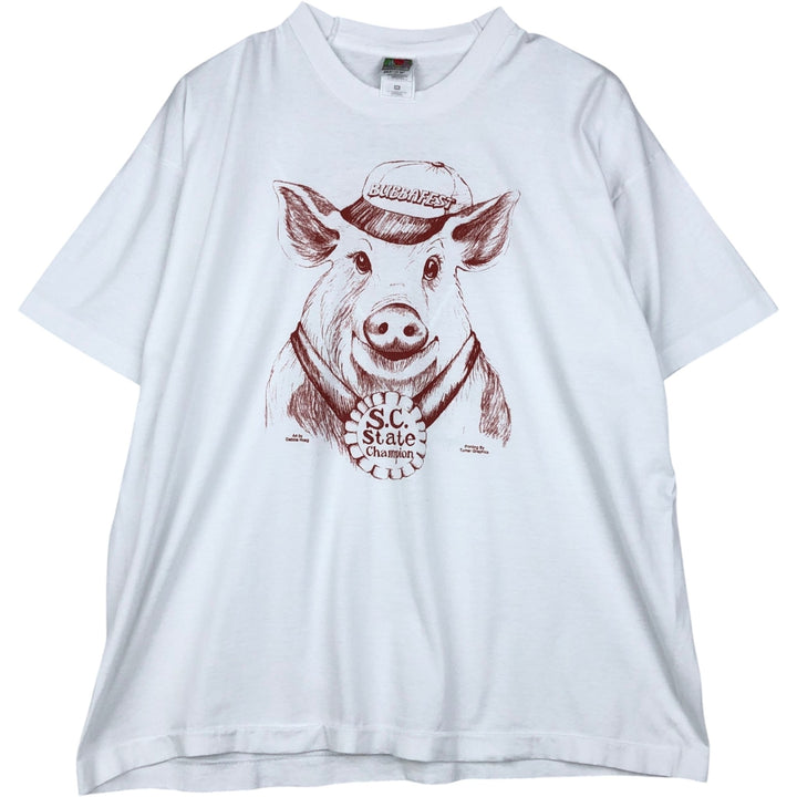 90'S Fruit of the Loom Best Pig Pattern Animal T-Shirt, Made in USA, Men's XXL equivalent, Vintage cotton white type Vintage Second Hand