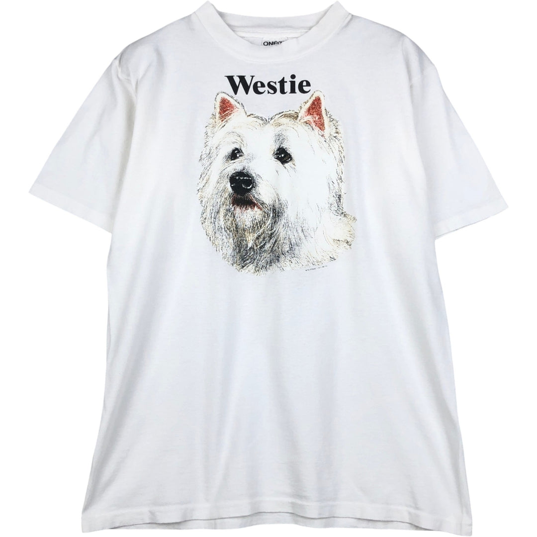 90'S ONEITA Westie West Highland White Terrier Dog Print Animal T-Shirt, Made in USA, Men's Size L (Equivalent), Vintage cotton white type Vintage Second Hand