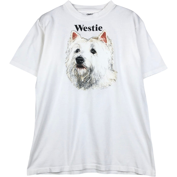 90'S ONEITA Westie West Highland White Terrier Dog Print Animal T-Shirt, Made in USA, Men's Size L (Equivalent), Vintage cotton white type Vintage Second Hand