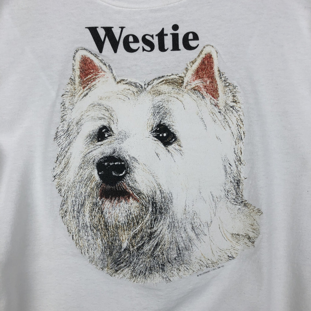 90'S ONEITA Westie West Highland White Terrier Dog Print Animal T-Shirt, Made in USA, Men's Size L (Equivalent), Vintage cotton white type Vintage Second Hand