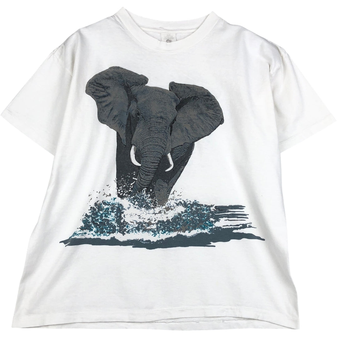 80'S THE NATURE COMPANY Elephant Pattern Animal T-Shirt, Made in USA, Men's Size M (Equivalent), Vintage cotton white type Vintage Second Hand