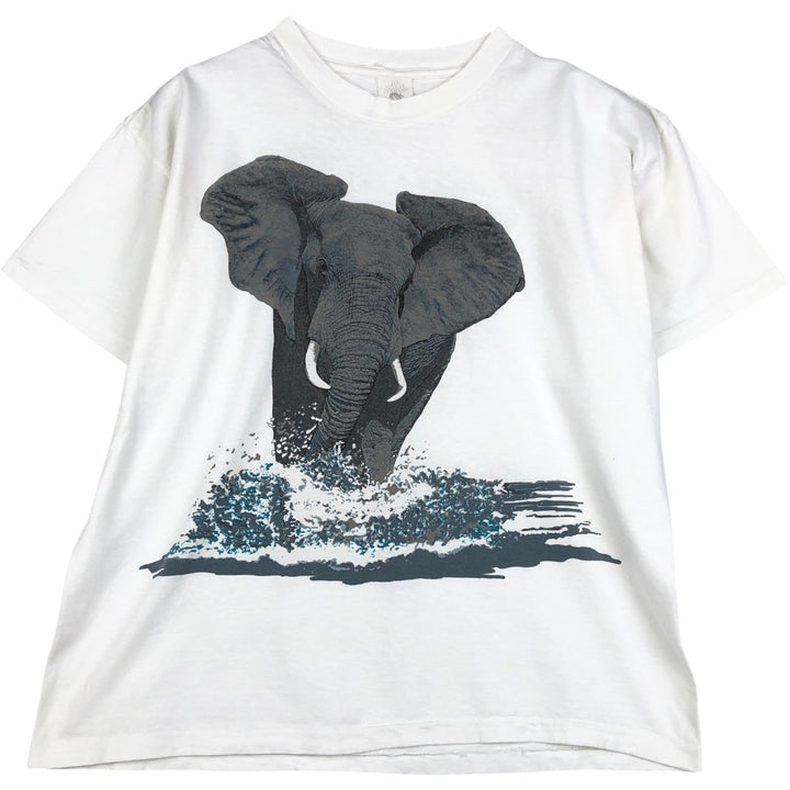 80'S THE NATURE COMPANY Elephant Pattern Animal T-Shirt, Made in USA, Men's Size M (Equivalent), Vintage cotton white type Vintage Second Hand