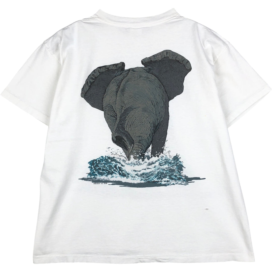 80'S THE NATURE COMPANY Elephant Pattern Animal T-Shirt, Made in USA, Men's Size M (Equivalent), Vintage cotton white type Vintage Second Hand