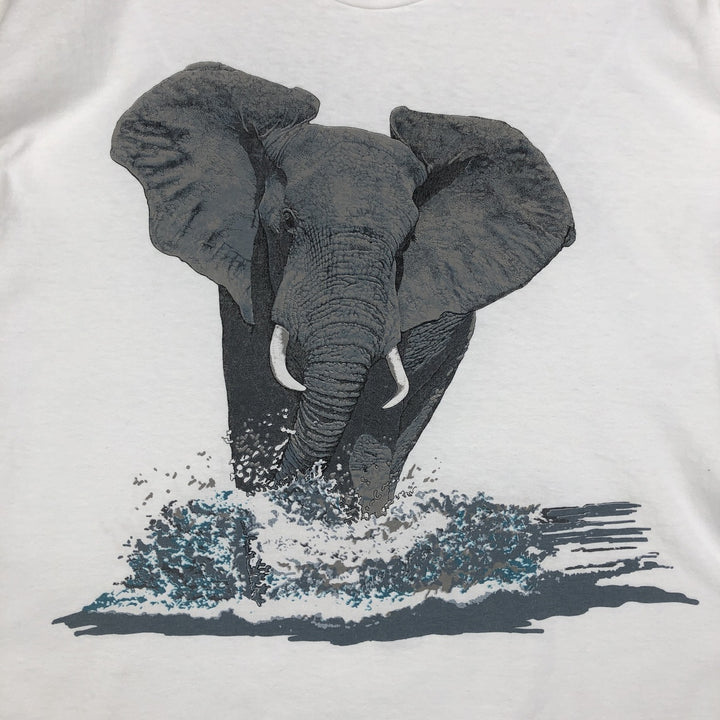 80'S THE NATURE COMPANY Elephant Pattern Animal T-Shirt, Made in USA, Men's Size M (Equivalent), Vintage cotton white type Vintage Second Hand