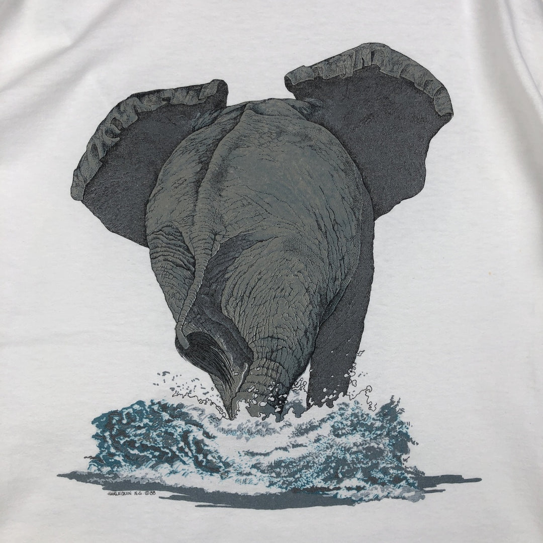 80'S THE NATURE COMPANY Elephant Pattern Animal T-Shirt, Made in USA, Men's Size M (Equivalent), Vintage cotton white type Vintage Second Hand