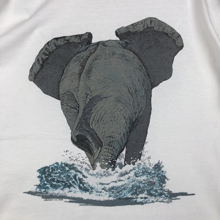 80'S THE NATURE COMPANY Elephant Pattern Animal T-Shirt, Made in USA, Men's Size M (Equivalent), Vintage cotton white type Vintage Second Hand