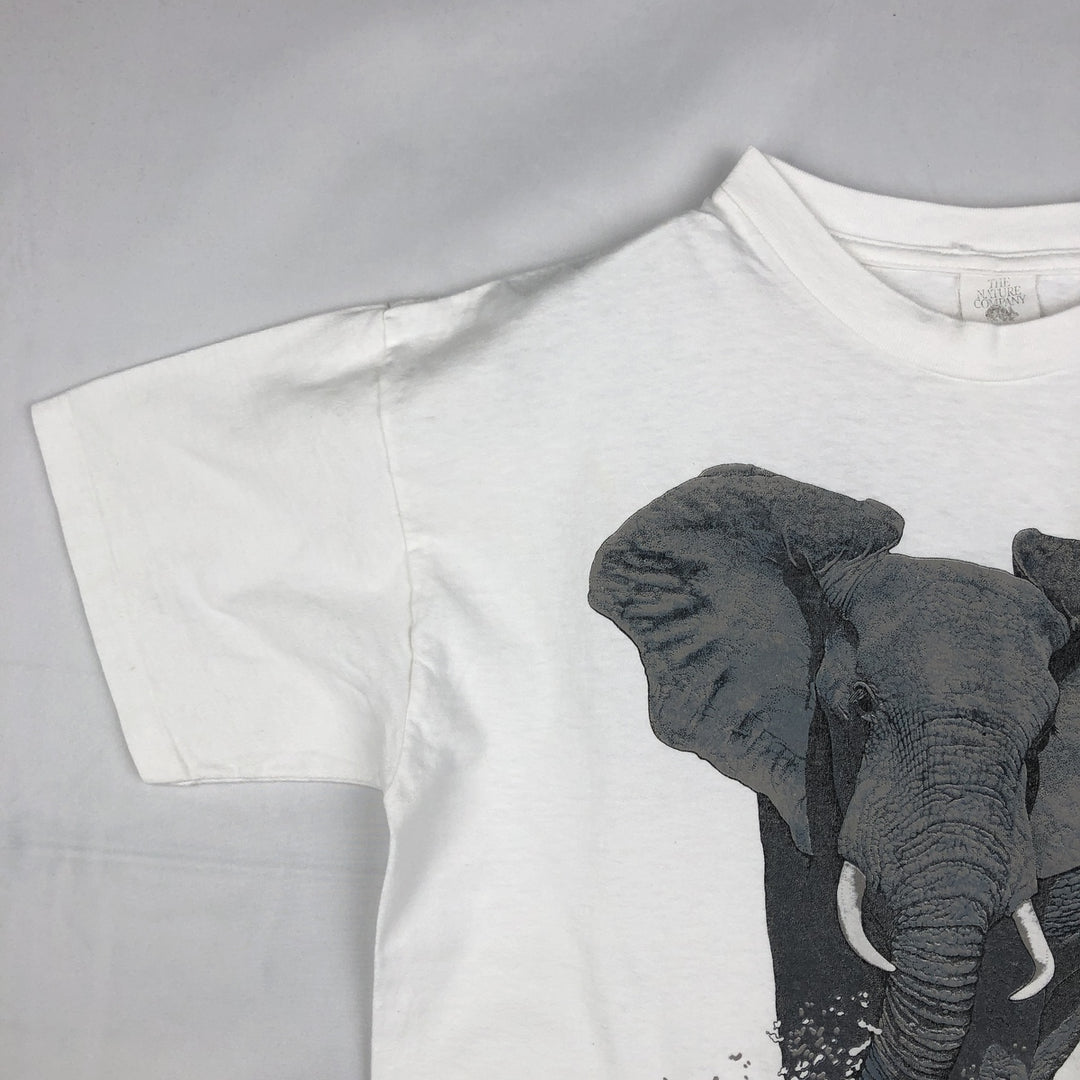 80'S THE NATURE COMPANY Elephant Pattern Animal T-Shirt, Made in USA, Men's Size M (Equivalent), Vintage cotton white type Vintage Second Hand