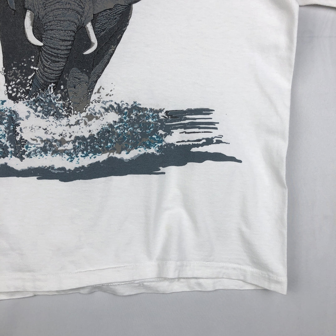 80'S THE NATURE COMPANY Elephant Pattern Animal T-Shirt, Made in USA, Men's Size M (Equivalent), Vintage cotton white type Vintage Second Hand